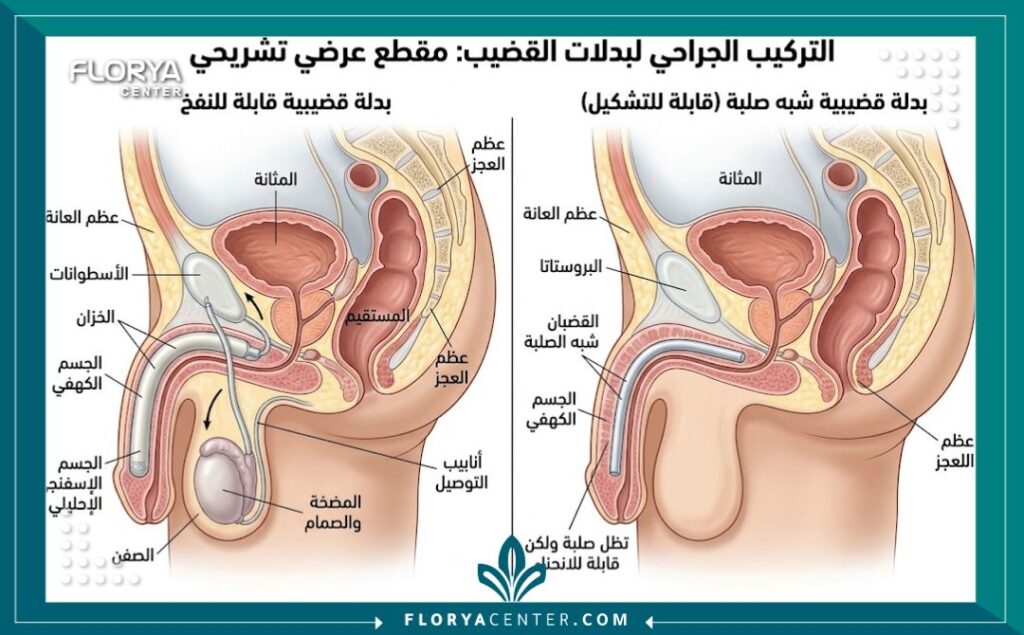 رسم توضيحي طبي يبين التشريح الداخلي وموضع الجهاز التعويضي للعضو الذكري بعد الجراحة، مع شرح للمكونات والأنواع المختلفة باللغة العربية.