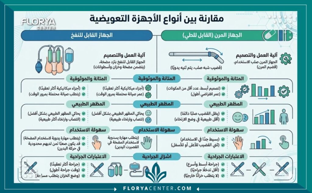مخطط معلومات بياني (انفوجرافيك) يقارن بين أنواع عملية زراعة الأجهزة التعويضية للعضو الذكري المختلفة، موضحاً المزايا والاعتبارات لكل نوع باللغة العربية.