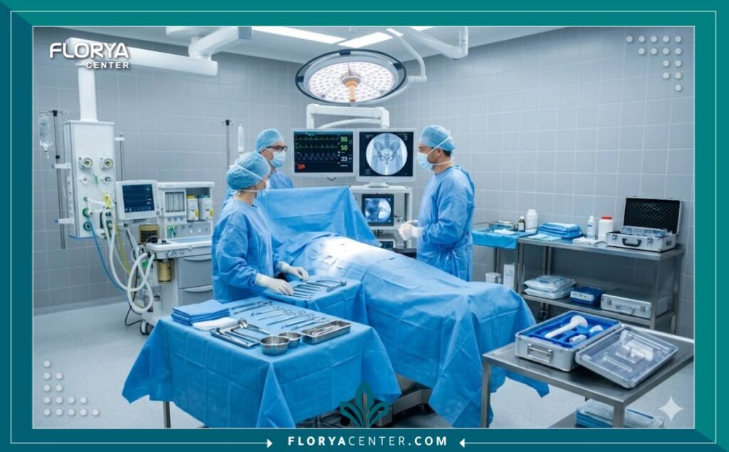 لقطة واقعية لداخل غرفة عمليات حديثة ومعقمة، مجهزة لإجراء عمليات زراعة الأجهزة التعويضية، تظهر الدقة والبيئة الطبية المتخصصة.