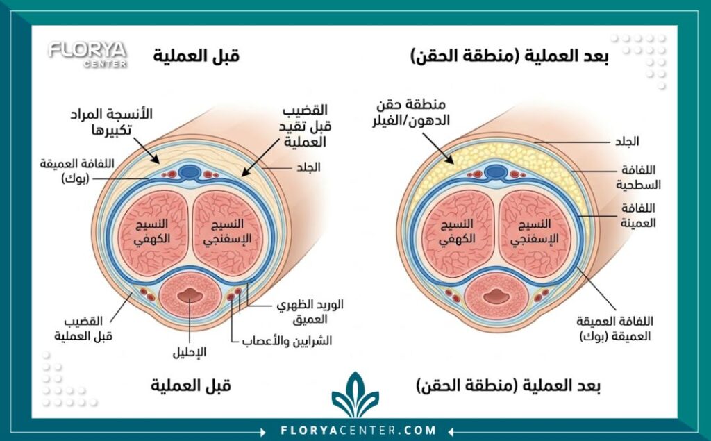 عملية زيادة سمك القضيب في تركيا 2 رسم تخطيطي طبي يشرح تشريح الرجل والمناطق المستهدفة في عملية زيادة سمك القضيب (تسمين القضيب).