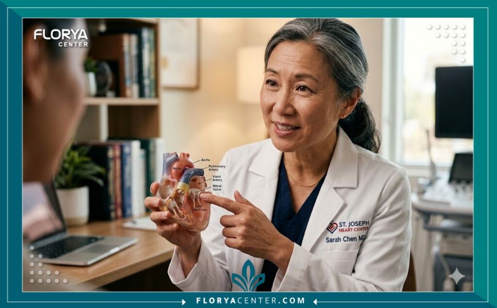 طبيب قلب يشرح تفاصيل عملية فونتان باستخدام نموذج ثلاثي الأبعاد للقلب.