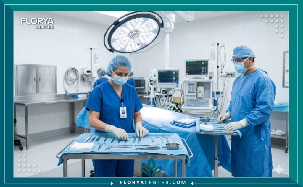 غرفة عمليات جراحية معقمة لعمليات التجميل الرجالية في مستشفى في تركيا