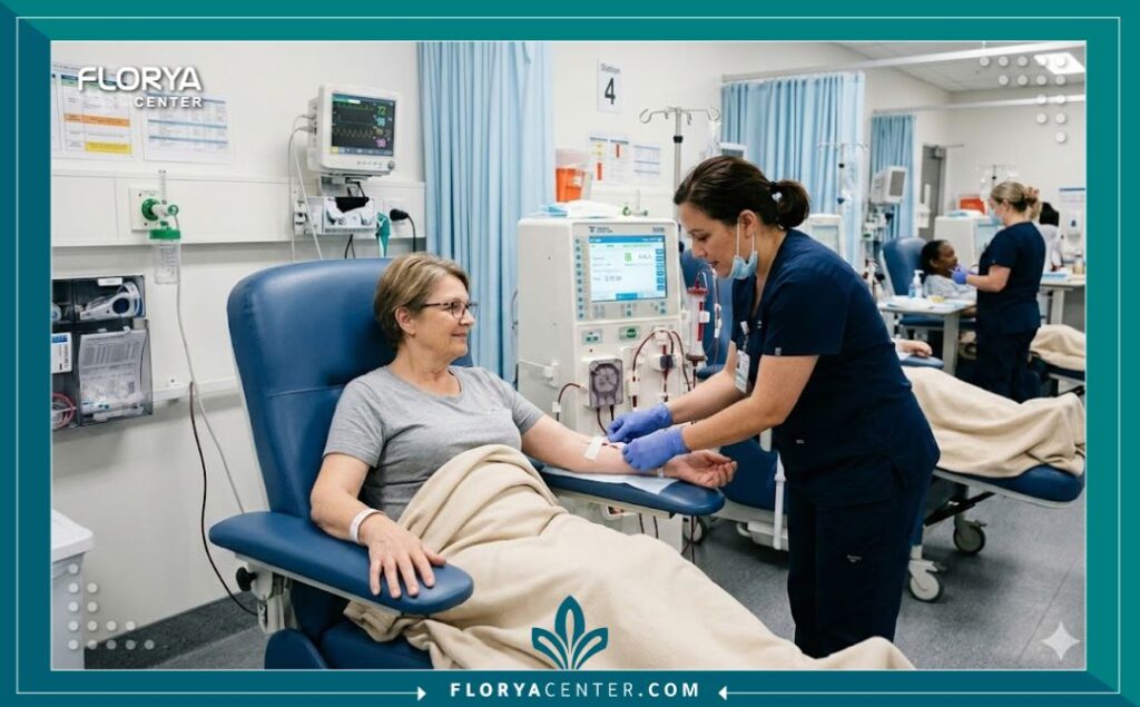 عملية ناسور الغسيل الكلوي (AV Fistula) 4 منظر داخلي لوحدة غسيل كلوى حديثة في مستشفى معقم، تُظهر مريضًا يتلقى العلاج عبر ناسور AV.
