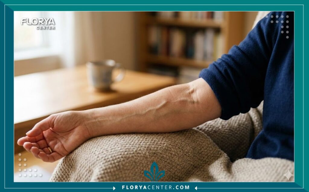 عملية ناسور الغسيل الكلوي (AV Fistula) 5 لقطة مقربة جمالية تُظهر ناسور الغسيل الكلوي (AV Fistula) الناضج على ساعد المريض، مما يدل على نجاح العملية.