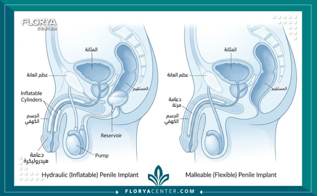 مخطط توضيحي لأنواع دعامات الانتصاب (الهيدروليكية والمرنة) في مراكز المسالك البولية.