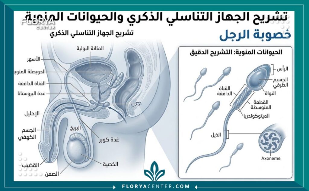 رسم توضيحي طبي يوضح تشريح الجهاز التناسلي الذكري وأسباب العقم عند الرجال.