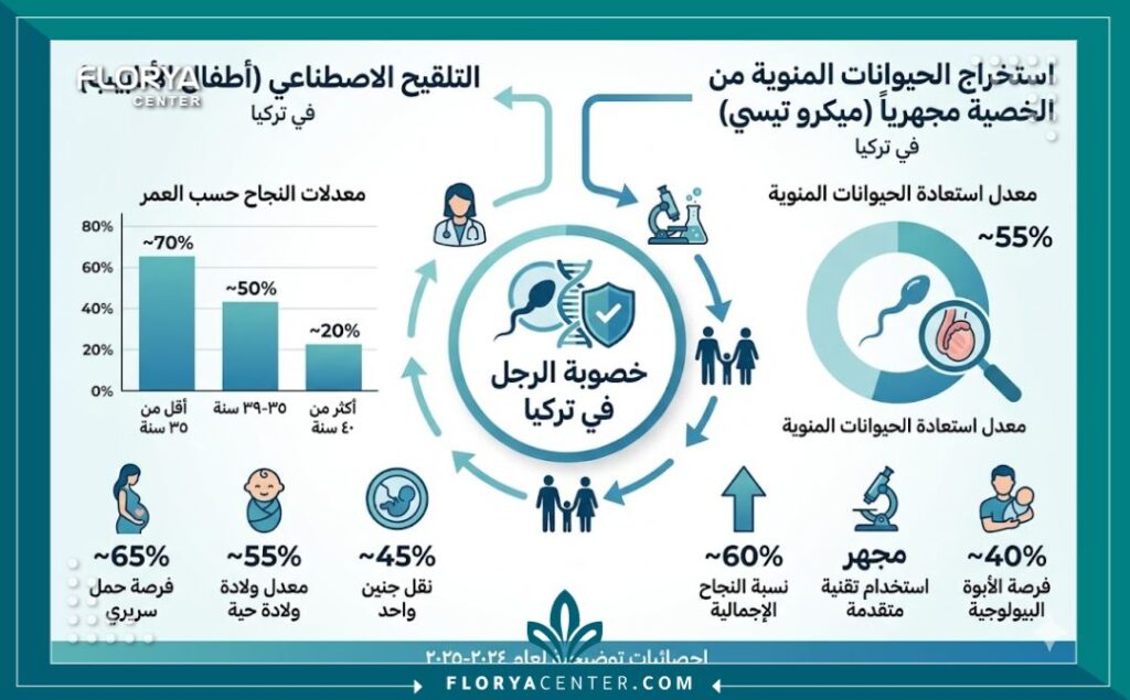 إنفوجرافيك يوضح نسب نجاح عمليات علاج العقم وتقنيات الإخصاب المساعد في تركيا.