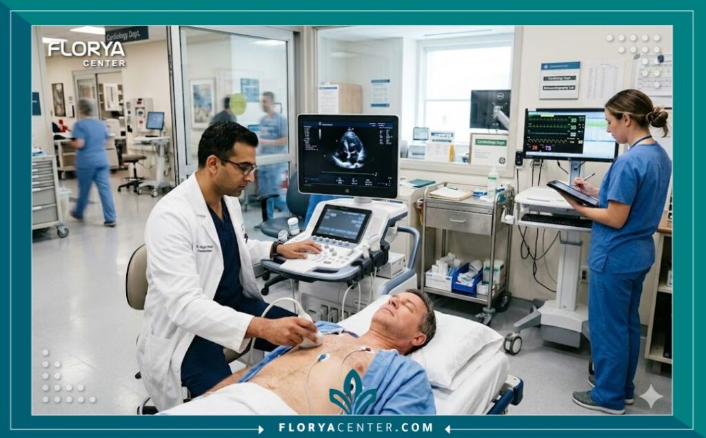 غرفة فحص القلب بالموجات الصوتية (إيكو) في عيادة قلب متقدمة.