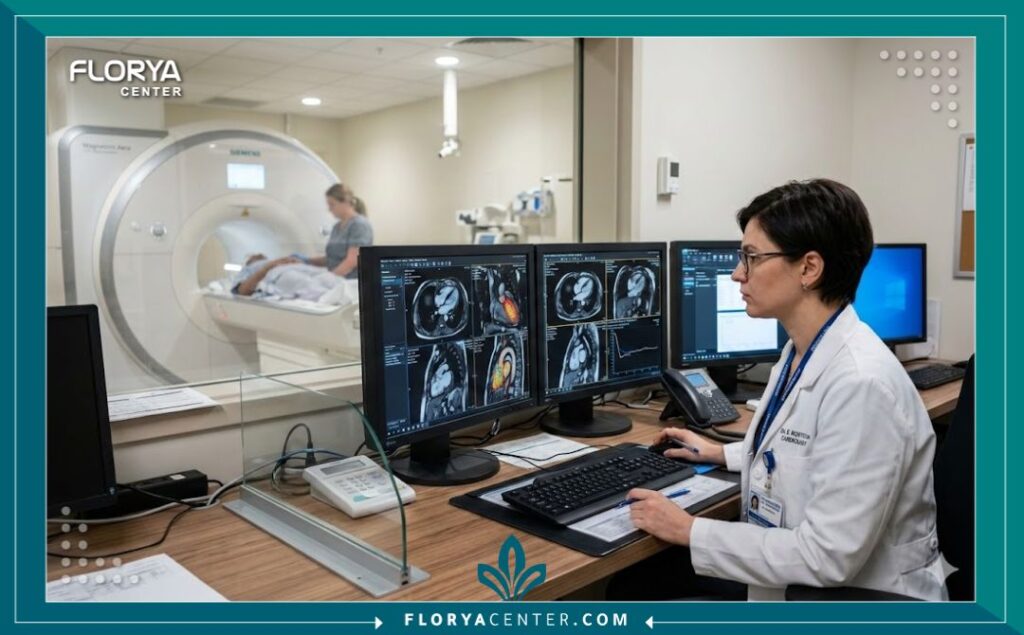 طبيب قلب يراجع نتائج فحص الرنين المغناطيسي للقلب على شاشات المختبر.