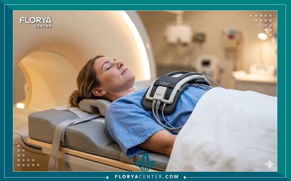 وضعية المريض أثناء التحضير لتصوير القلب بالرنين المغناطيسي في مركز أشعة متخصص.