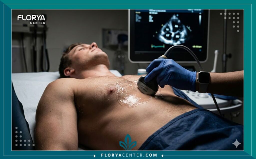 لقطة مقربة توضح كيفية وضع جهاز الموجات الصوتية على الصدر لتصوير القلب بدقة.