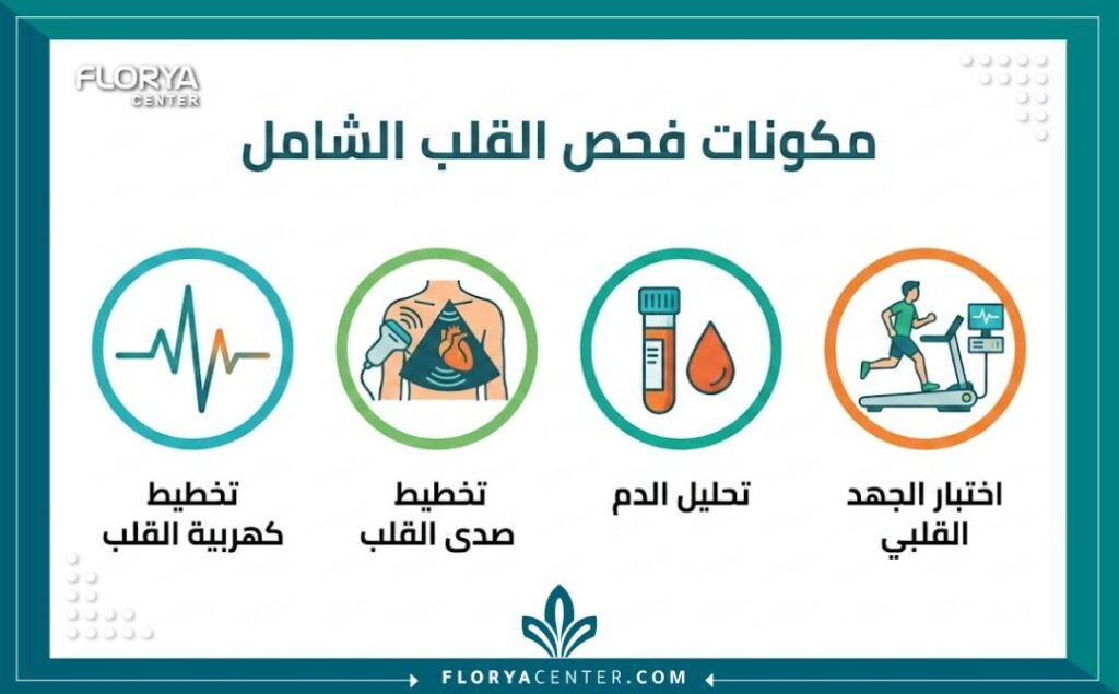 إنفوجرافيك يوضح المكونات الأربعة الرئيسية لحزمة فحص صحة القلب الشامل (تخطيط القلب، الإيكو، تحليل الدم، اختبار الجهد).