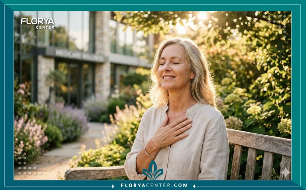 امرأة في منتصف العمر تشعر بالراحة والاطمئنان على صحة قلبها بعد إجراء الفحص الشامل في بيئة هادئة.