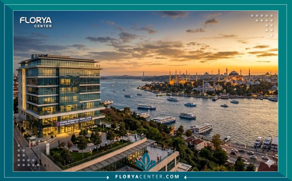 منظر بانورامي لمدينة إسطنبول يجمع بين مستشفى حديث للسياحة العلاجية والمعالم التاريخية مثل آيا صوفيا وقت الغروب.