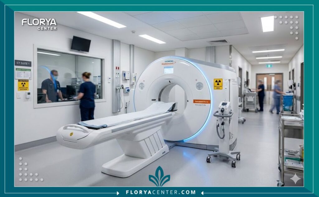 جهاز الأشعة المقطعية الحديث المستخدم في فحص سجل الكالسيوم في القلب داخل مستشفى متطور.