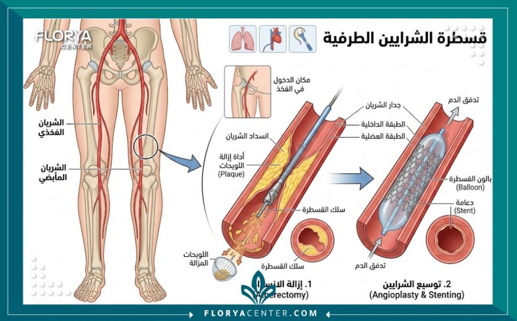 رسم توضيحي طبي يظهر تشريح شرايين الساق وعملية توسيع الانسداد بواسطة القسطرة الطرفية.