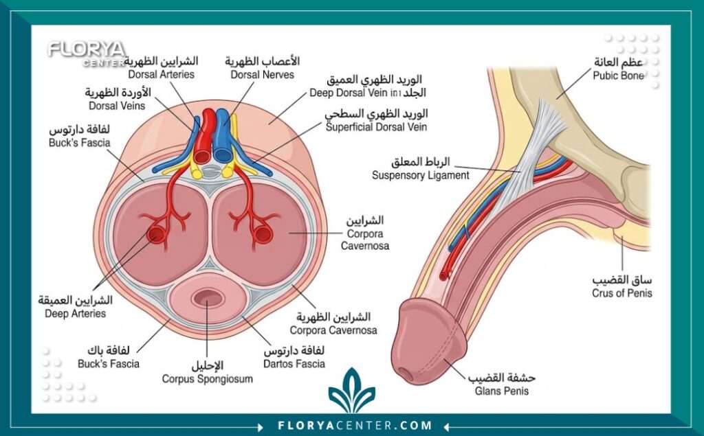 رسم طبي توضيحي لتشريح القضيب يوضح الأعصاب والأوعية الدموية المعرضة للخطر في الجراحة