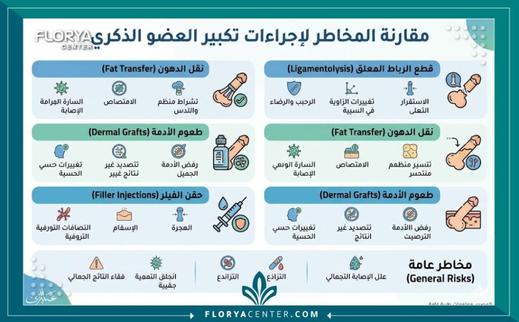 انفوجرافيك طبي يقارن بين مخاطر عملية تكبير الذكر ومضاعفات الطرق المختلفة