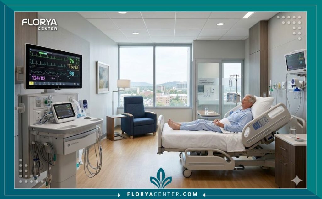 غرفة عناية مركزة حديثة مجهزة لاستقبال المرضى بعد قضاء مدة عملية القلب المفتوح في المستشفى.