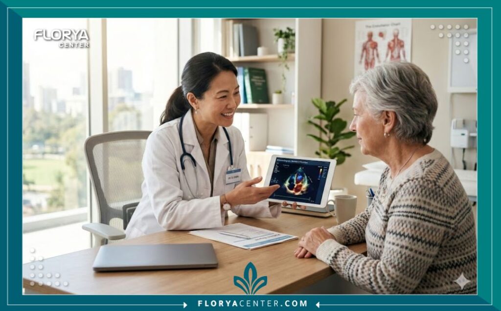 طبيبة قلب تشرح نتائج الأشعة للمريض داخل عيادة متطورة في مركز أشعة تخصصي.