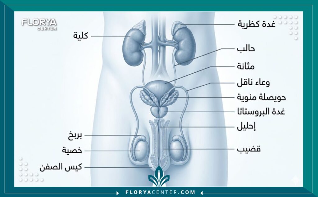رسم توضيحي طبي ثلاثي الأبعاد لجسم الرجل يوضح التخصصات التي يعالجها مركز صحة الرجل بتركيا.