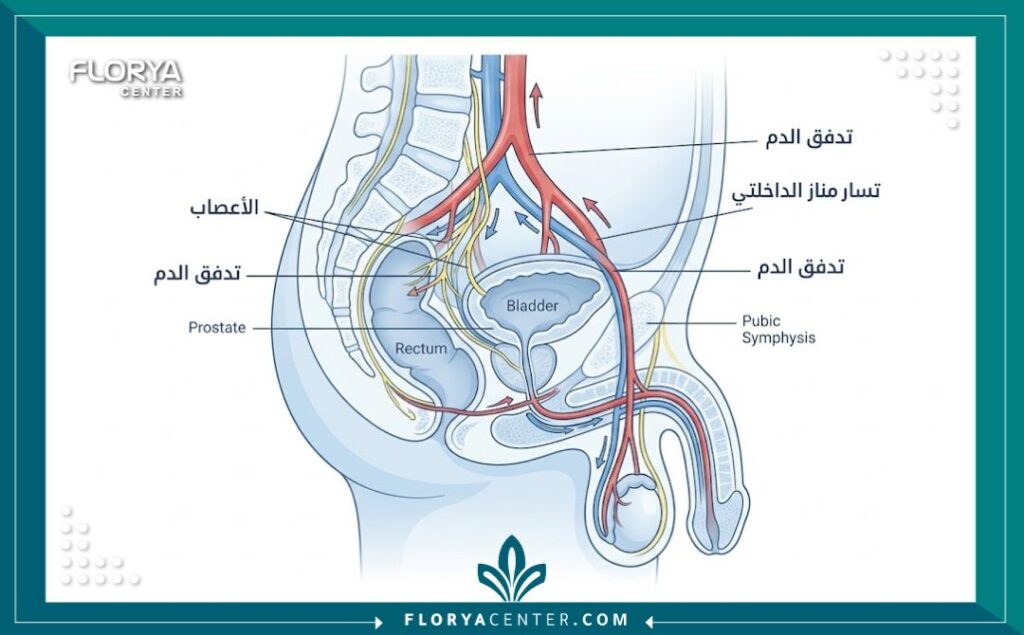 رسم توضيحي طبي يشرح آلية الانتصاب وعوامل تدفق الدم المستخدمة في تشخيص الضعف الجنسي.