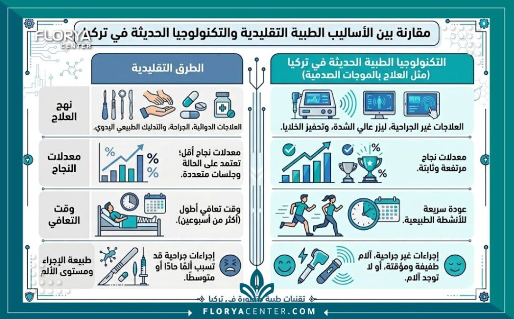 إنفوجرافيك يقارن بين طرق علاج الضعف الجنسي في تركيا  التقليدية والتقنيات الحديثة في مراكز تركيا.