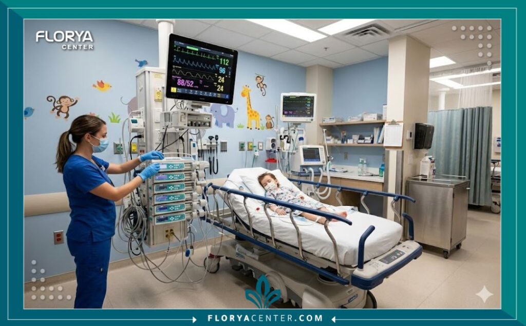 وحدة العناية المركزة لقلب الأطفال (CICU) مجهزة بأحدث الأجهزة ومزينة برسومات مريحة للأطفال في مركز متخصص.