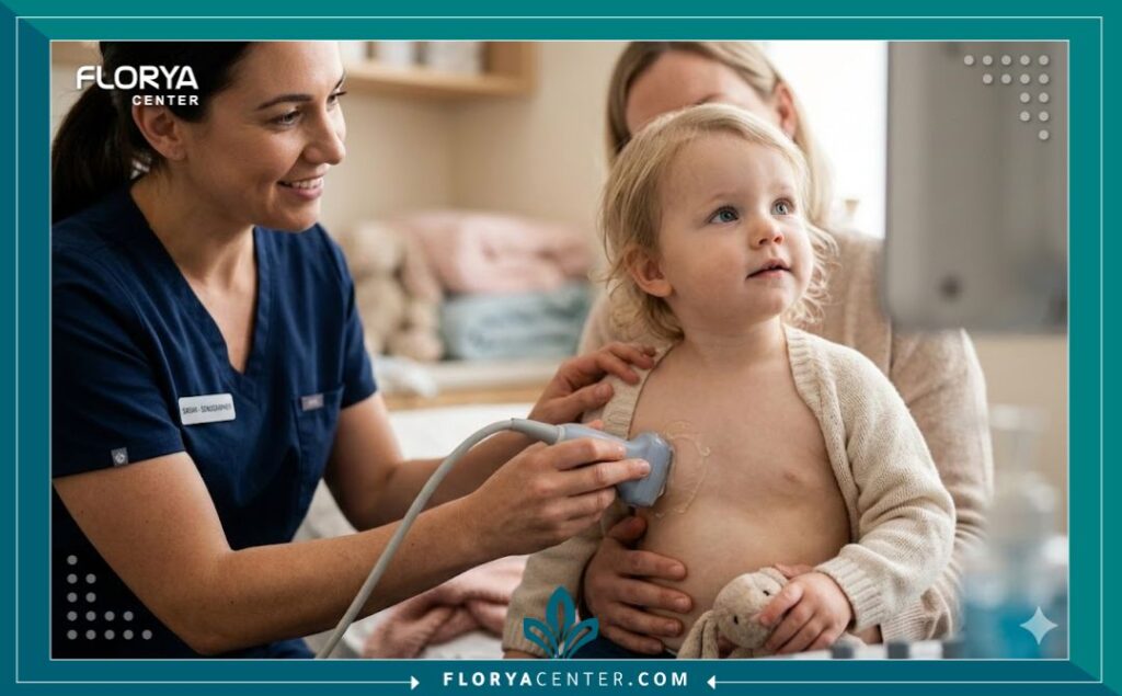 لقطة مقربة لطفل يخضع لفحص إيكو (تخطيط صدى القلب) غير مؤلم في مركز قلب الأطفال.