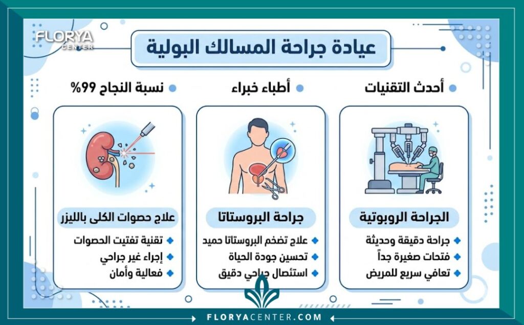 إنفوجرافيك يوضح مميزات علاج أمراض المسالك البولية في مستشفى مسالك بولية إسطنبول ونسب النجاح.