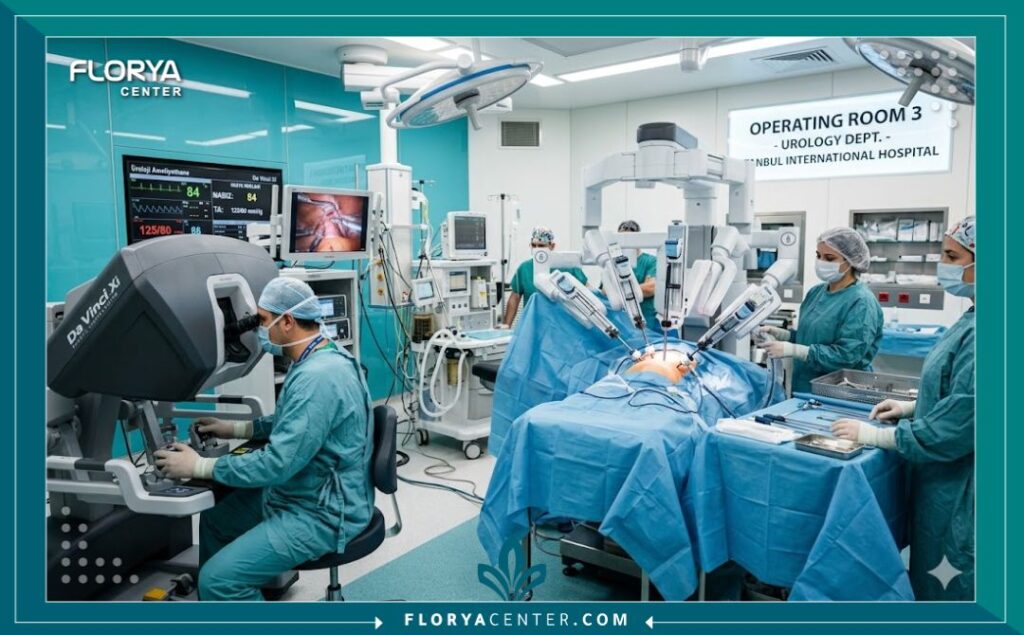 غرفة عمليات متطورة تستخدم تقنيات الجراحة الروبوتية في مستشفى مسالك بولية بإسطنبول.