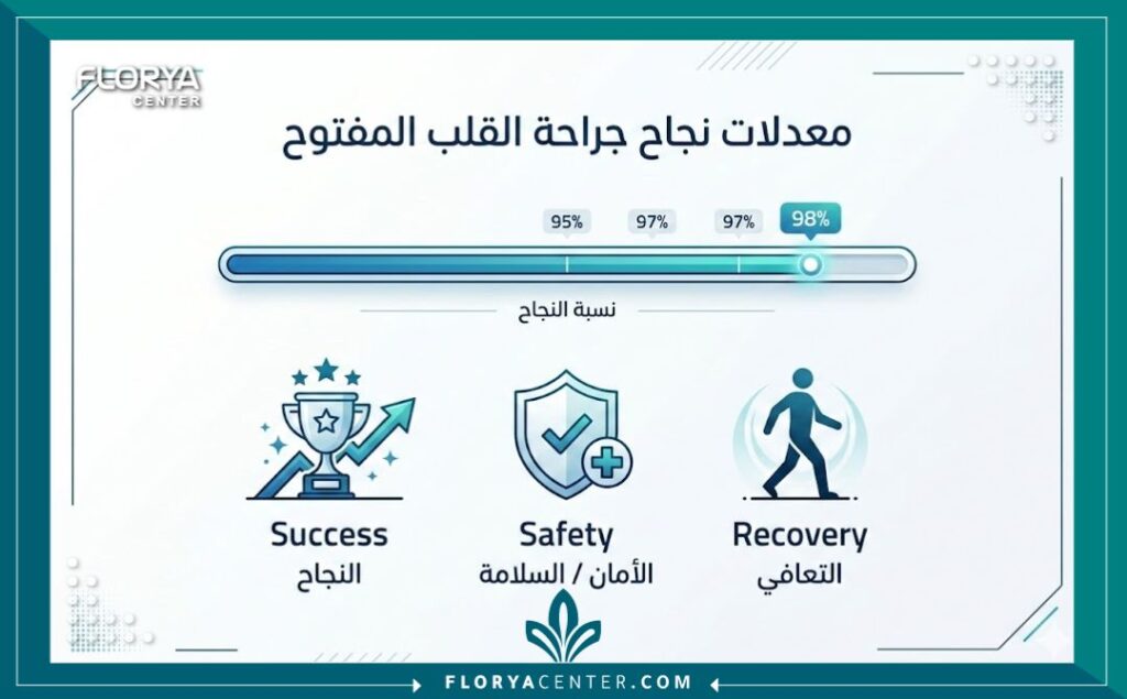 إنفوجرافيك يوضح نسبة نجاح عملية القلب المفتوح المرتفعة ومعدلات الأمان العالمية.