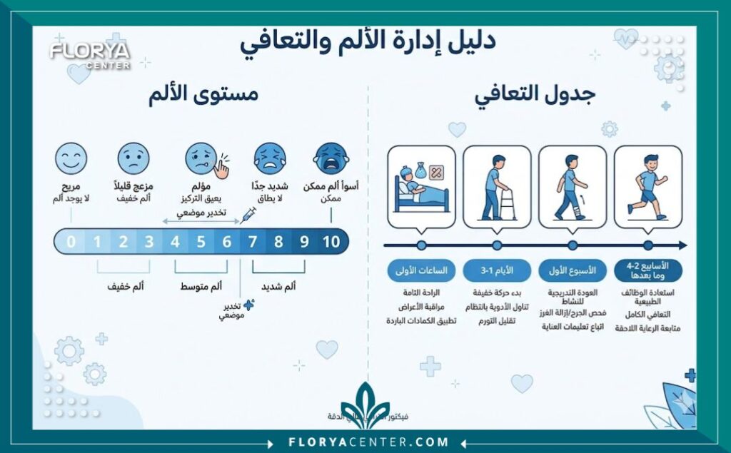 إنفوجرافيك يوضح مقياس الألم وجدول التعافي الزمني بعد هل عملية تكبير العضو الذكري مؤلمة