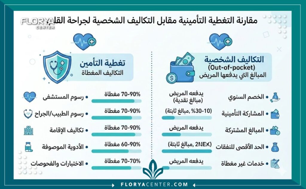 إنفوجرافيك يوضح مقارنة تكاليف عملية القلب المفتوح وهل يغطي التأمين عملية القلب المفتوح؟