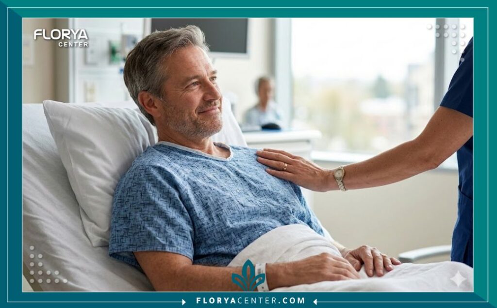 مريض يستعد لإجراء عملية القلب المفتوح مع شعور بالراحة والأمان تحت رعاية طبية.