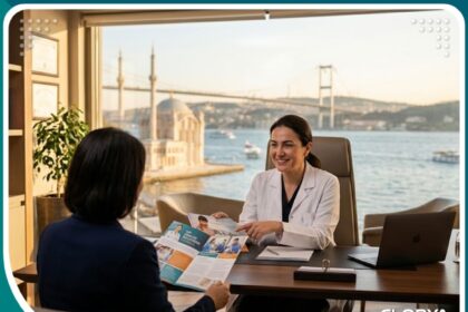 واجهة مقال أسعار ترميم الغشاء في تركيا داخل عيادة فاخرة في إسطنبول توحي بالثقة والخصوصية.
