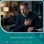 رجل في منتصف العمر يشعر بألم مفاجئ وشديد في صدره، ممسكًا بقلبه بقلق، في مشهد سينمائي واقعي يبرز أعراض النوبة القلبية المحتملة.