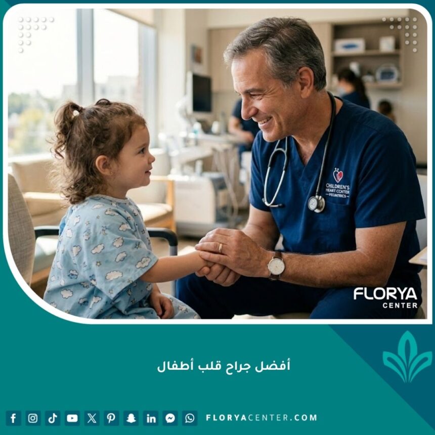 أفضل جراح قلب أطفال يبتسم لطفل في عيادة طبية حديثة توحي بالثقة والأمان.