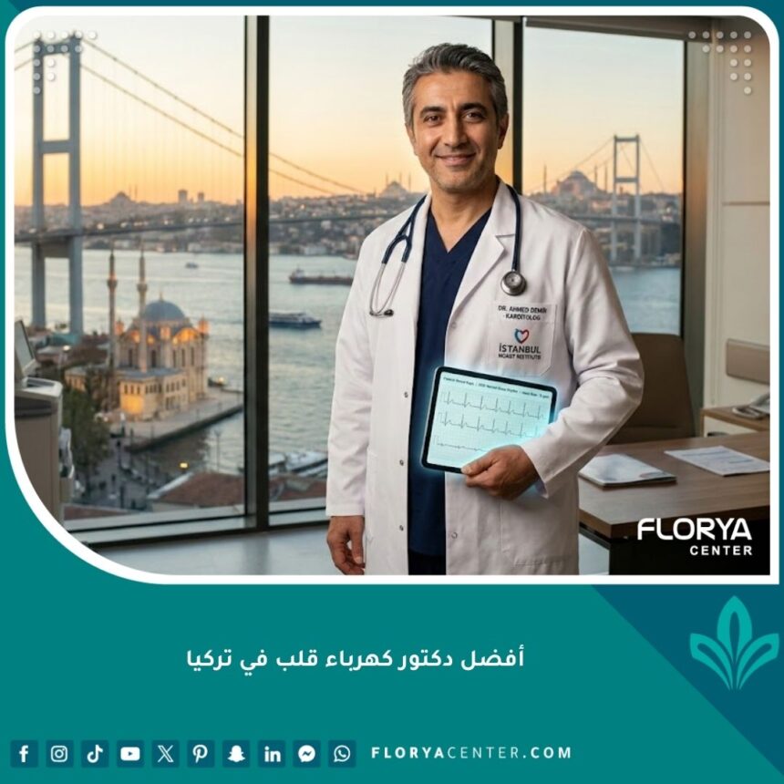 أفضل دكتور كهرباء قلب في تركيا يقف في مستشفى حديث يطل على البوسفور في اسطنبول، يحمل جهازاً يظهر تخطيط قلب سليم.