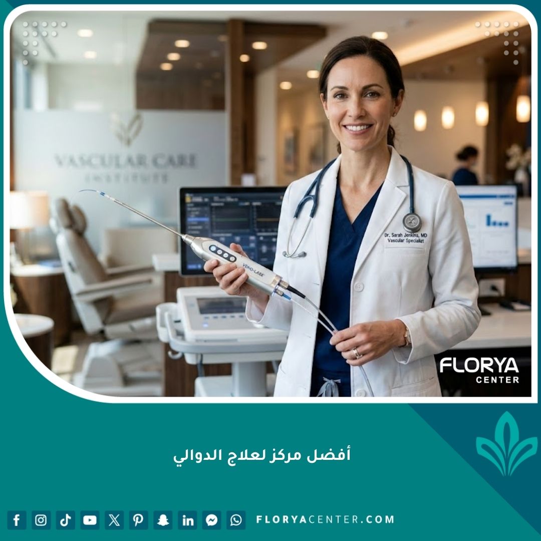 استشاري متخصص في أفضل مركز لعلاج الدوالي يستخدم تقنيات الليزر الحديثة في عيادة طبية فاخرة.
