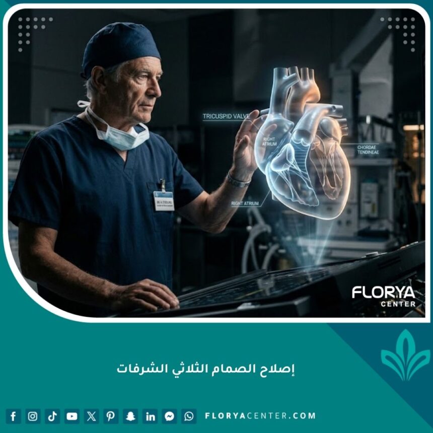 جراح قلب متخصص يفحص مجسم ثلاثي الأبعاد لعملية إصلاح الصمام الثلاثي الشرفات بأحدث التقنيات.