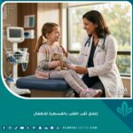 طبيب قلب أطفال يطمئن طفل قبل عملية إغلاق ثقب القلب بالقسطرة - واجهة طبية مطمئنة.