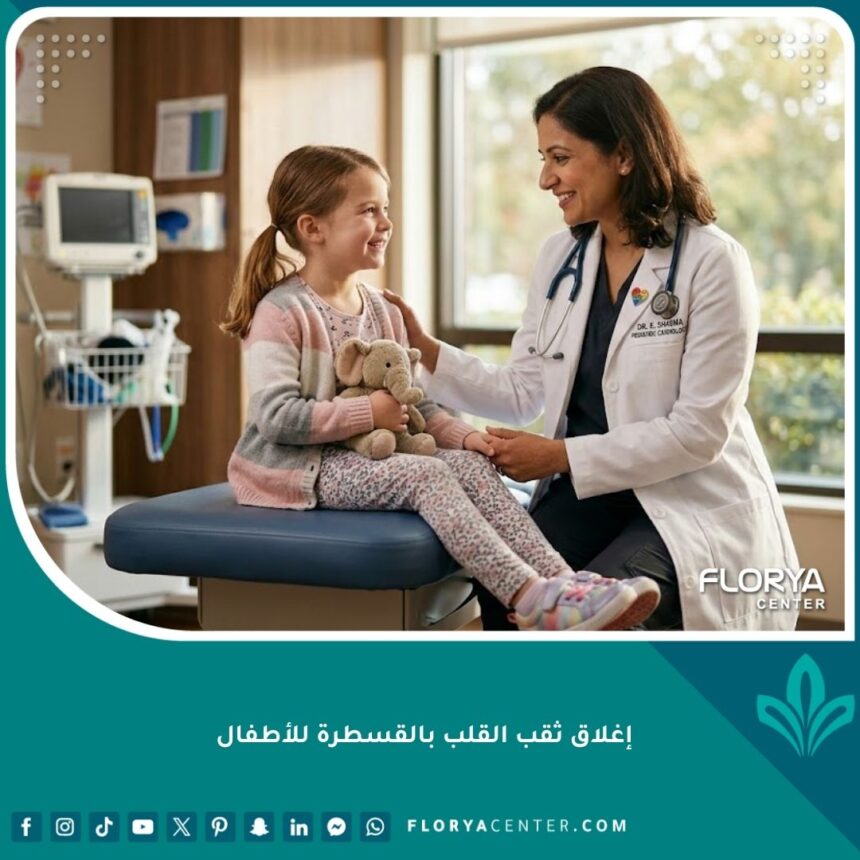 طبيب قلب أطفال يطمئن طفل قبل عملية إغلاق ثقب القلب بالقسطرة - واجهة طبية مطمئنة.