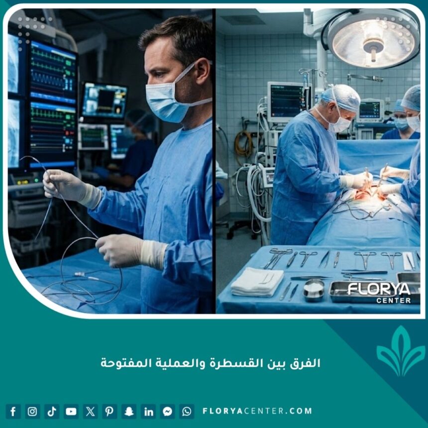 صورة مقارنة بين تقنية القسطرة القلبية والعملية المفتوحة في غرفة عمليات حديثة.
