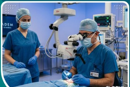 طبيب مسالك بولية خبير يجري عملية المسح المجهري للخصية (Micro-TESE) في غرفة عمليات حديثة في اسطنبول، تركيا، باستخدام مجهر جراحي متطور لعلاج عقم الرجال.