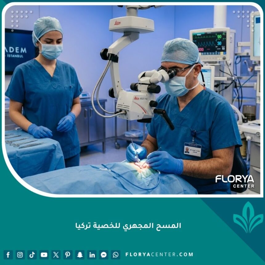 طبيب مسالك بولية خبير يجري عملية المسح المجهري للخصية (Micro-TESE) في غرفة عمليات حديثة في اسطنبول، تركيا، باستخدام مجهر جراحي متطور لعلاج عقم الرجال.