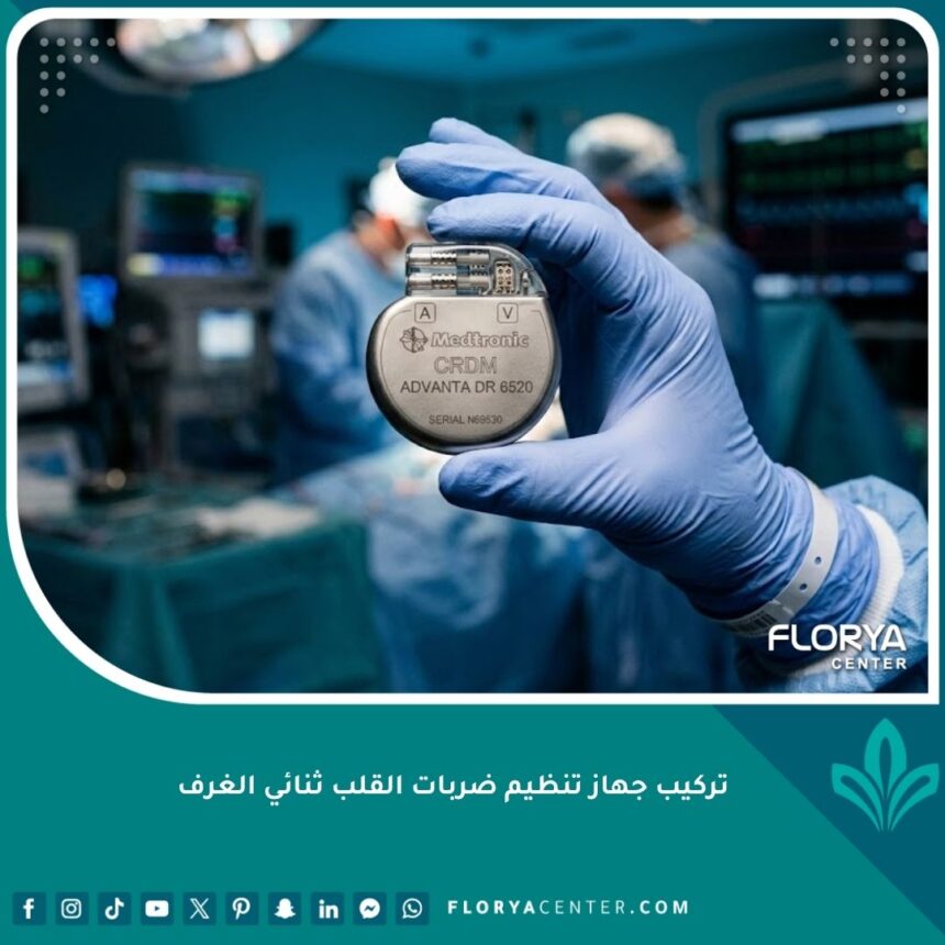 جهاز تنظيم ضربات القلب ثنائي الغرف متطور في غرفة عمليات حديثة.