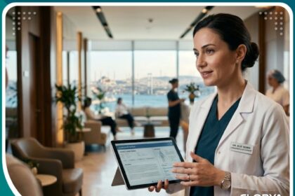 طبيبة متخصصة في عملية ترميم الغشاء المؤقت في عيادة تجميل حديثة في تركيا.