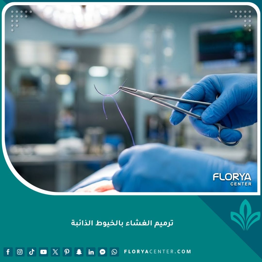 واجهة احترافية لعملية ترميم الغشاء بالخيوط الذائبة تظهر الدقة الجراحية والخيوط الطبية المتطورة.