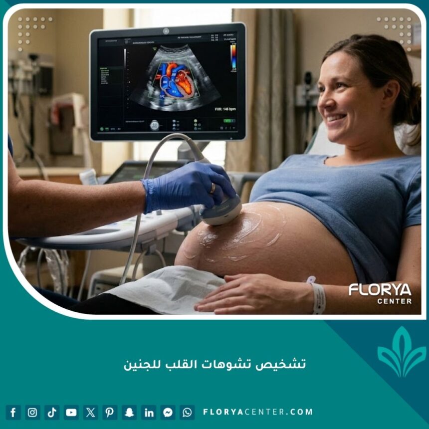 طبيبة تقوم بعمل سونار تفصيلي للحامل لتشخيص تشوهات القلب للجنين والاطمئنان على تدفق الدم.
